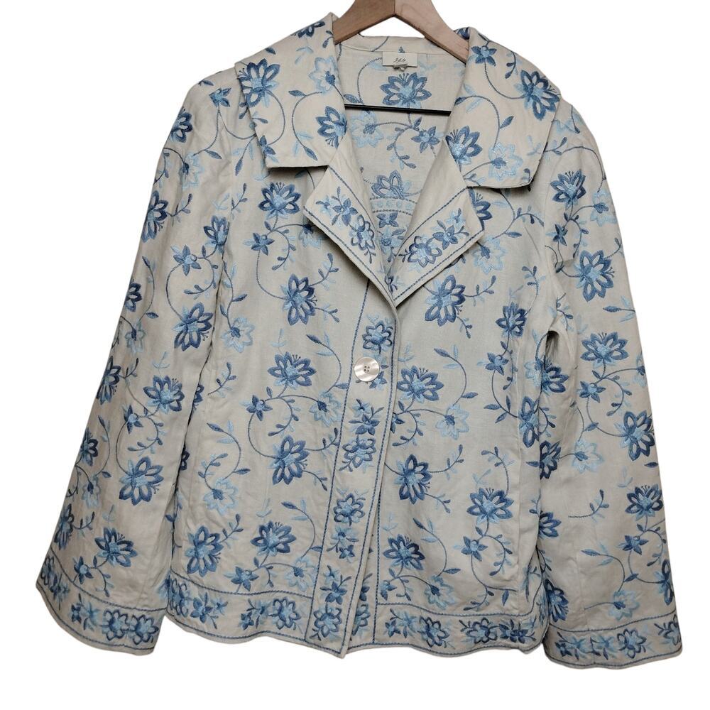 J Jill Ivory and Blue Embroidered Blazer Jacket, L